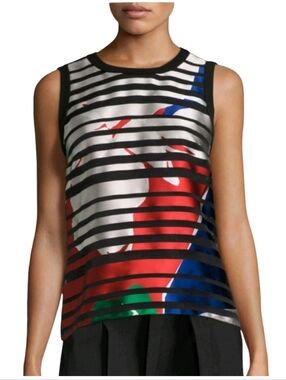 Hugo Boss Inyna Silk Blend Striped Floral Flower Mix Media Sleeveless Lined Top